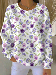 Women's Casual Purple Floral Texture Ribbed Round-Neck Sweatshirt gracestitchs