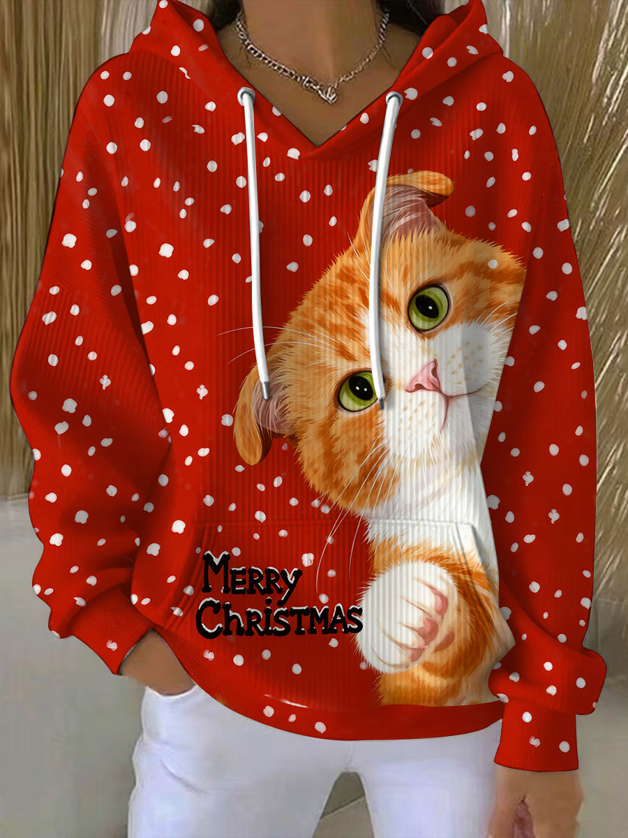Women's Vintage Christmas Cat Printed Hoodie