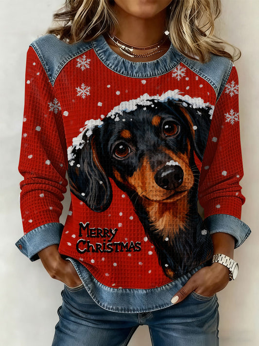 Women's Vintage Christmas Dog Denim Patchwork Sweatshirt