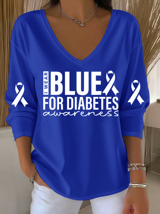 Women's I WEAR BLUE FOR DIABETES V-Neck Ribbed Top