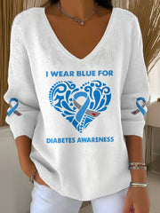 Women's I'M Wear Blue For Diabetes Awareness Print V Neck Sweater