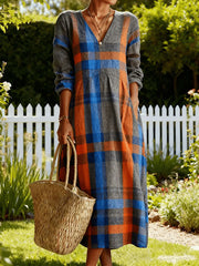 Women's Fall Plaid Pattern Cozy V-Neck Dress