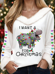 Women's I Want A Hippopotamus For Christmas Fur Collar Top