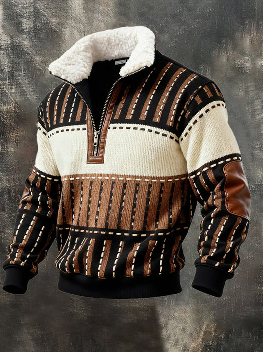 Men's Retro Color Block Print Casual Fur Collar Zip-up Hoodie