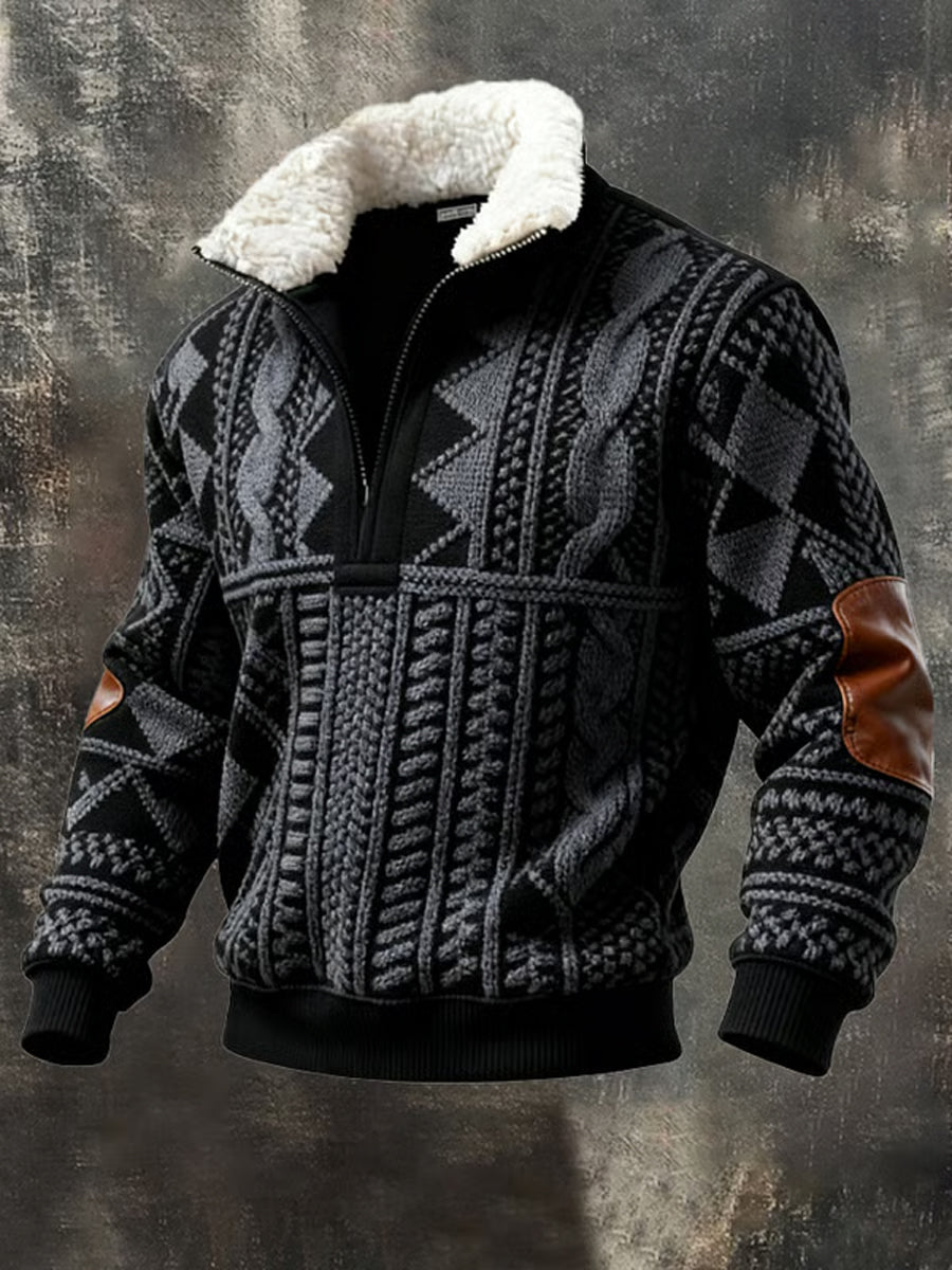 Men's Retro Color Block Print Casual Fur Collar Zip-up Hoodie