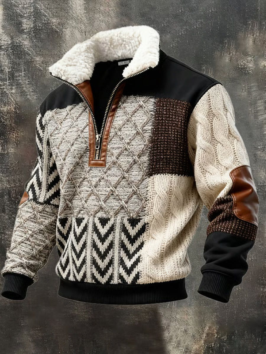 Men's Retro Color Block Print Casual Fur Collar Zip-up Hoodie