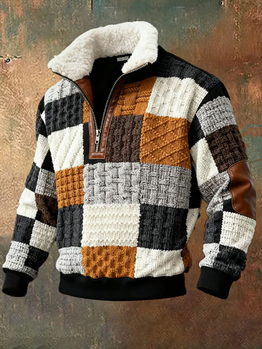 Men's Retro Color Block Print Casual Fur Collar Long Sleeve Sweatshirt