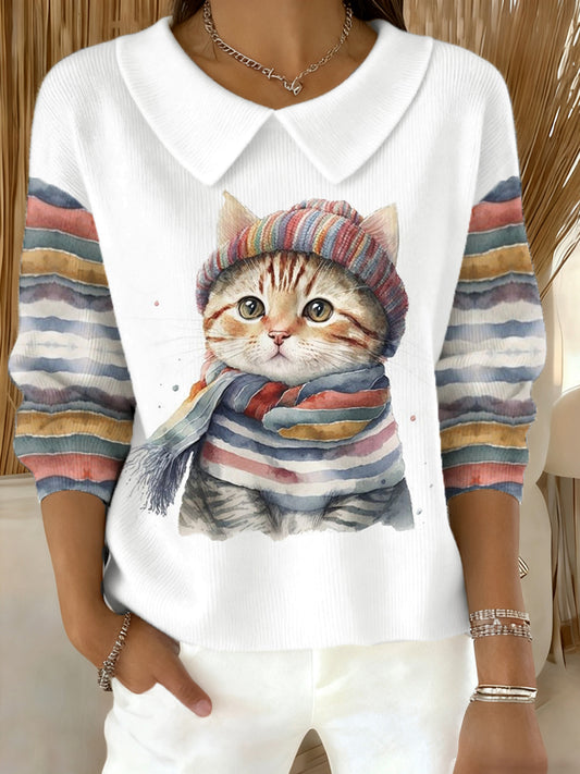 Women‘s Cute Winter Cat Print Cat Lovers Casual Doll Collar Top