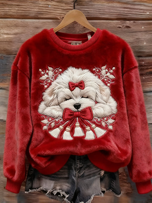 Women's Christmas Sleeping Fuzzy Dog Art Cozy Plush Sweatshirt