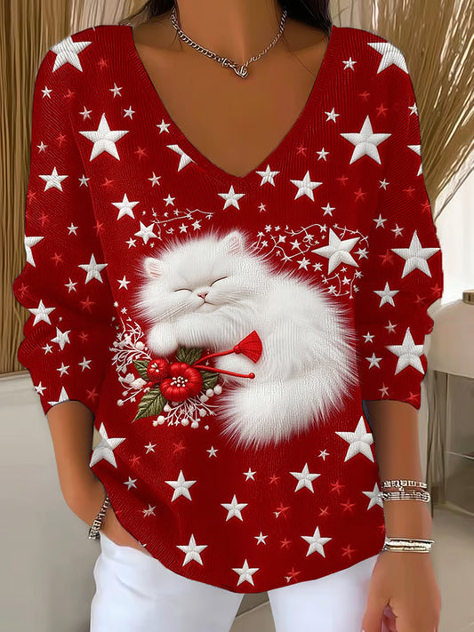 Women's Christmas Cute Sleeping Cat Stars Art  V-Neck Ribbed Top
