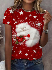 Women's Christmas Cute Sleeping Cat Stars Art  Short SleeveT-shirt