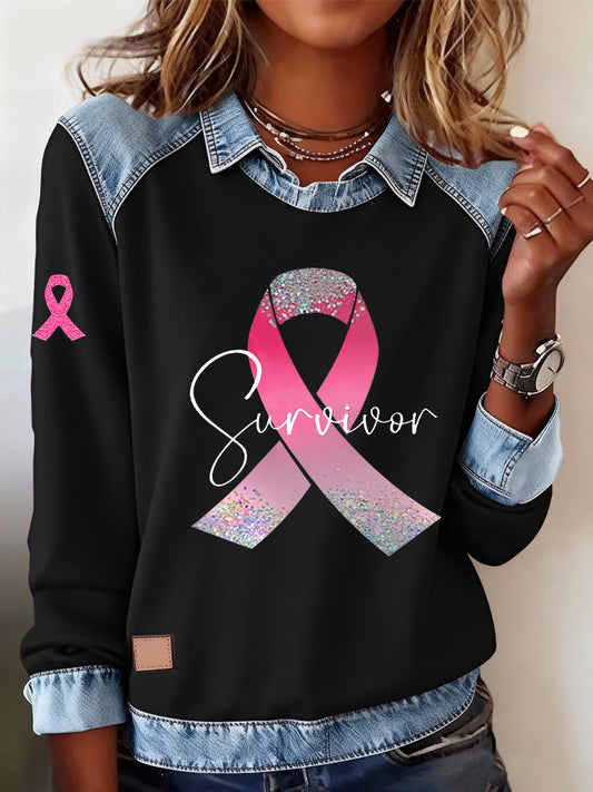 Women's Breast Cancer Awareness Survivor Pink Ribbon Casual  Top