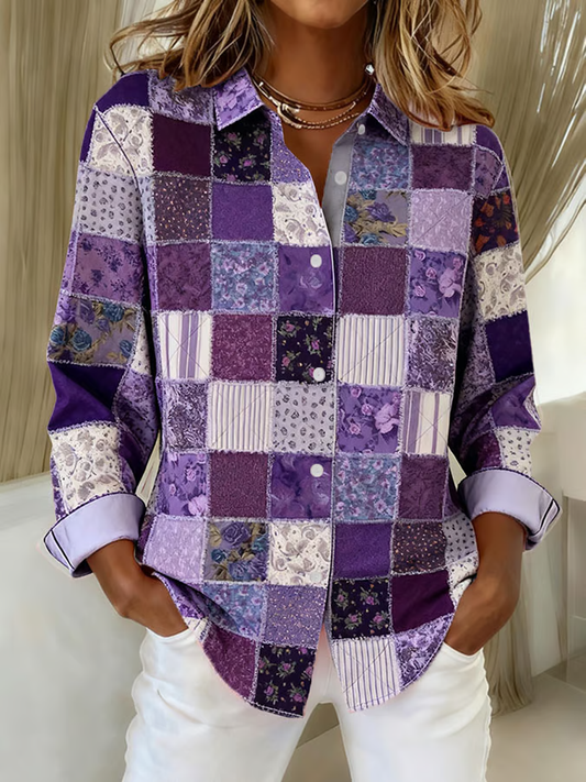 Women's Purple Patchwork Print Casual Lapel Shirt gracestitchs