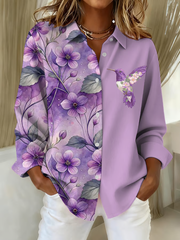Women's Purple Hummingbird Floral Print Casual Linen Shirt gracestitchs
