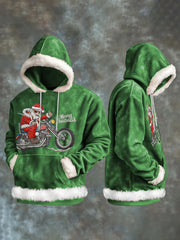 Men's Vintage Merry Christmas Biker Santa Print Casual Plush Hoodie