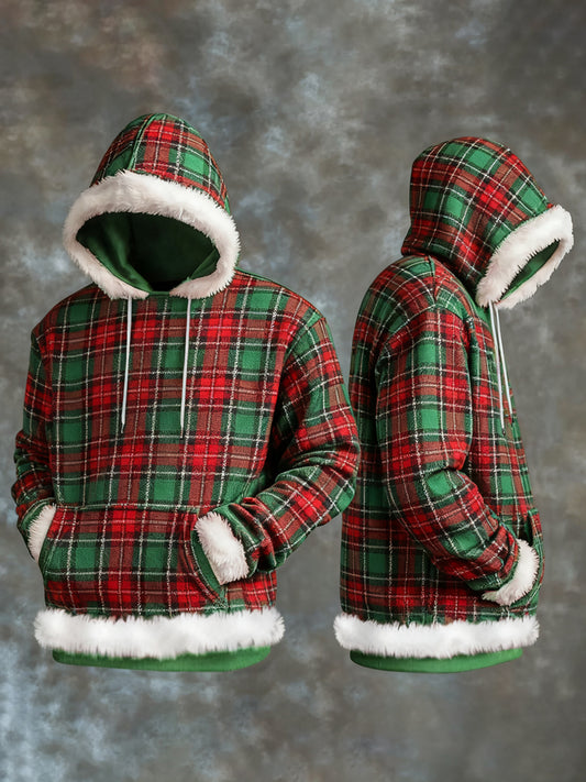 Men's Christmas Plaid Print Casual Plush Hoodie