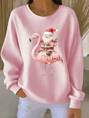 Women's Santa Claus sitting on a flamingo print Ribbed Round-Neck Sweatshirt