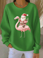 Women's Santa Claus sitting on a flamingo print Ribbed Round-Neck Sweatshirt