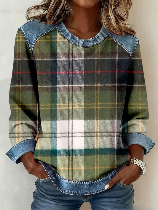 Women's Vintage Plaid Pattern Patchwork Art Sweatshirt