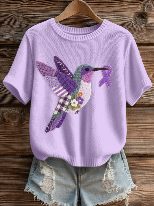 Women's Felt Art Hummingbird Pattern Cozy Knit Top