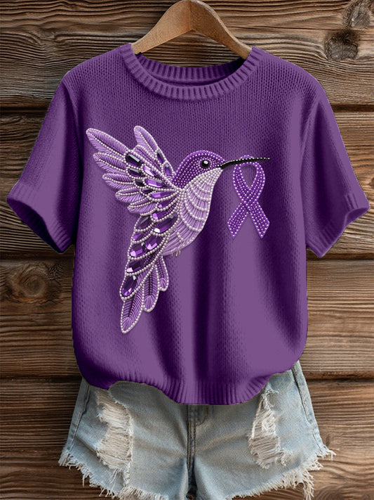 Women's Purple Hummingbird Pattern Cozy Knit Top
