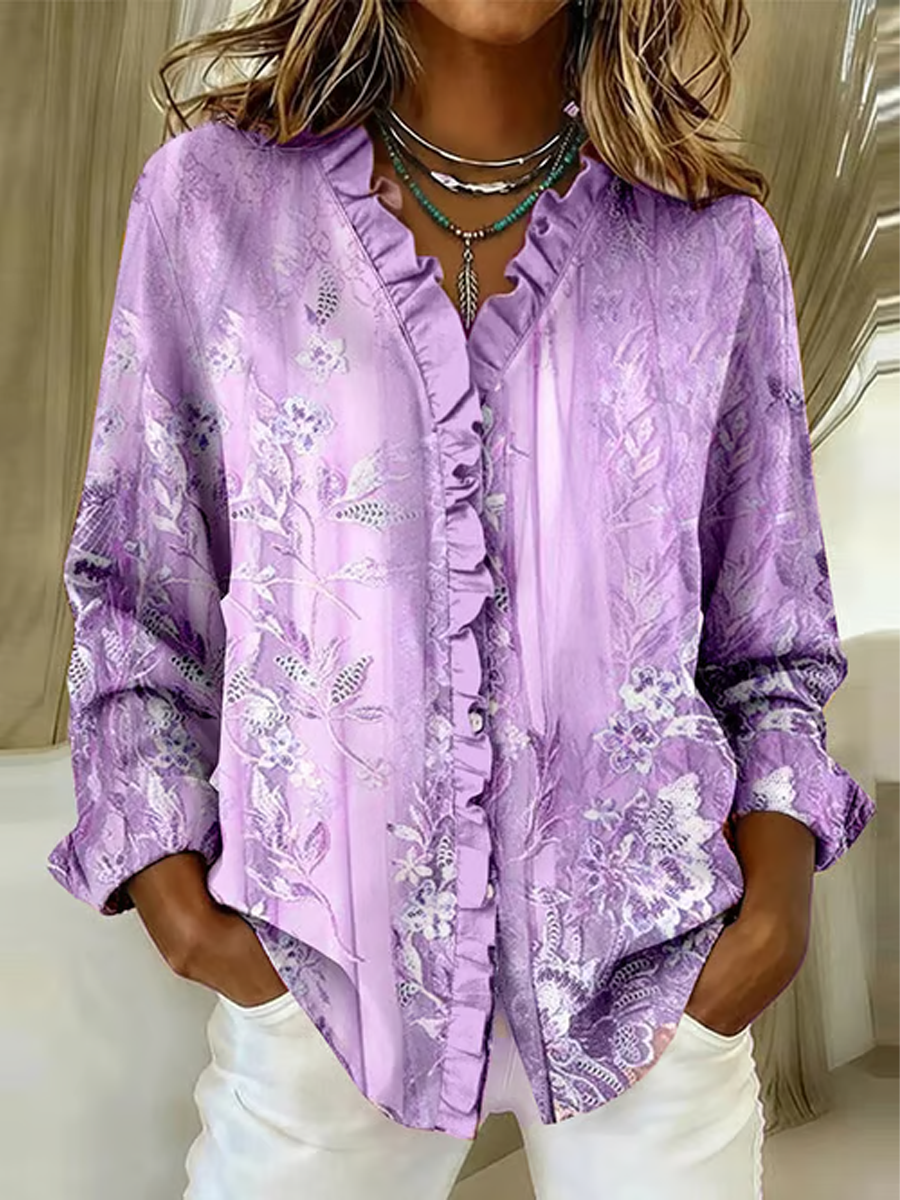 Women's Casual Purple Art Ruffle Shirt
