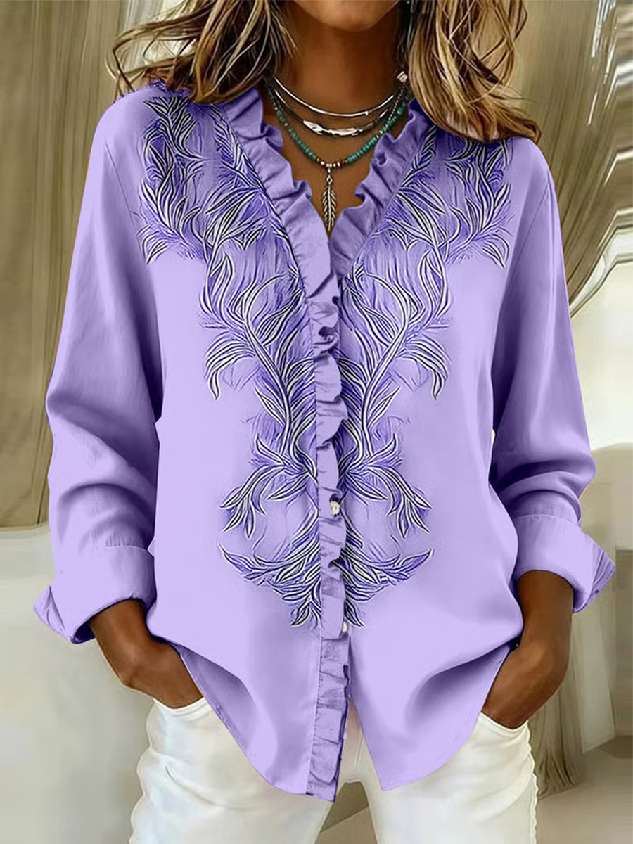 Women's Casual Purple Floral Art Ruffle Shirt
