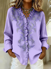 Women's Casual Purple Floral Art Ruffle Shirt