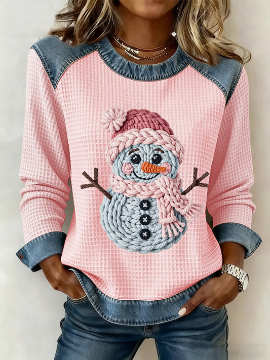 Women's Christmas Cute Snowman Print Casual Waffle Hoodie