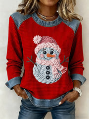 Women's Christmas Cute Snowman Print Casual Waffle Hoodie