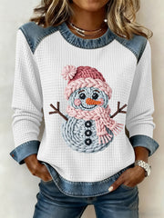 Women's Christmas Cute Snowman Print Casual Waffle Hoodie