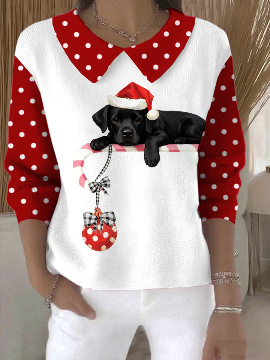 Women's Christmas Cute Dog Print Casual Doll Collar Sweater gracestitchs