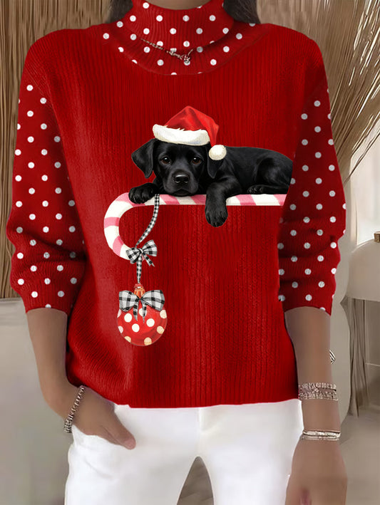 Women's Christmas Cute Dog Print Casual Turtleneck Sweater gracestitchs