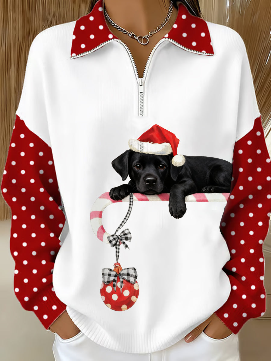 Women's Christmas Cute Dog Print Casual Zipper Sweatshirt gracestitchs
