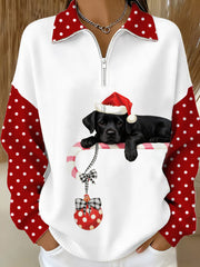 Women's Christmas Cute Dog Print Casual Zipper Sweatshirt gracestitchs