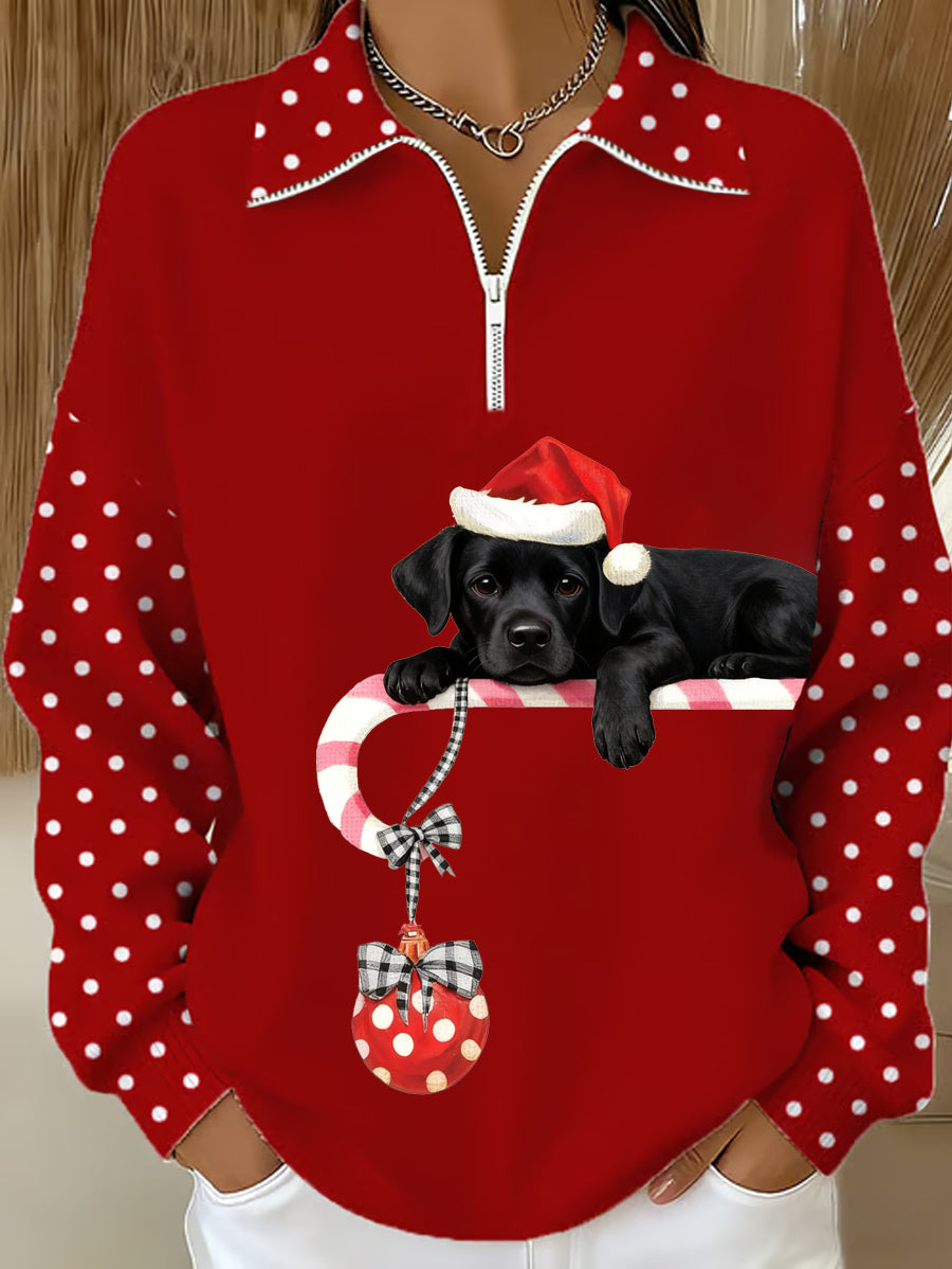 Women's Christmas Cute Dog Print Casual Zipper Sweatshirt gracestitchs