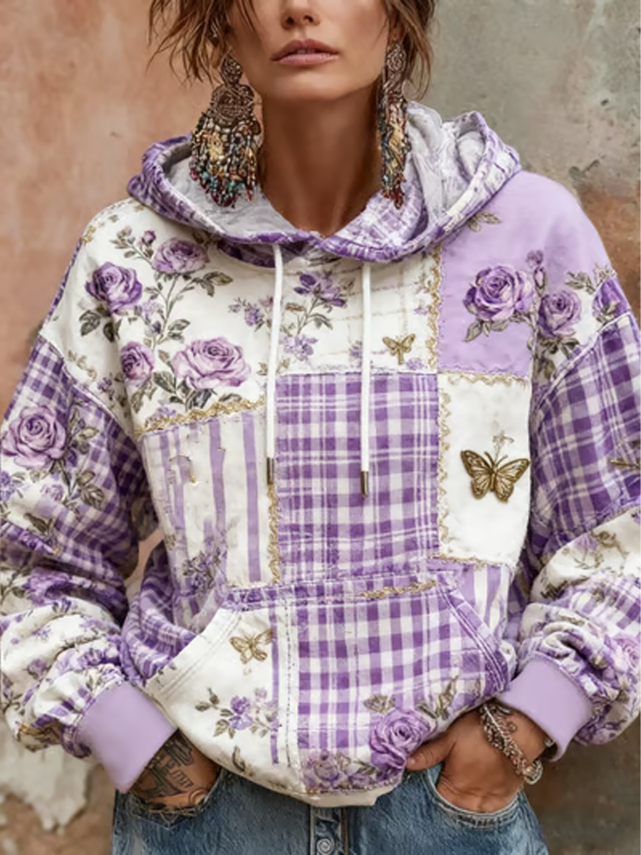 Women's Purple Floral Butterfly Cross Print Casual Hoodie gracestitchs