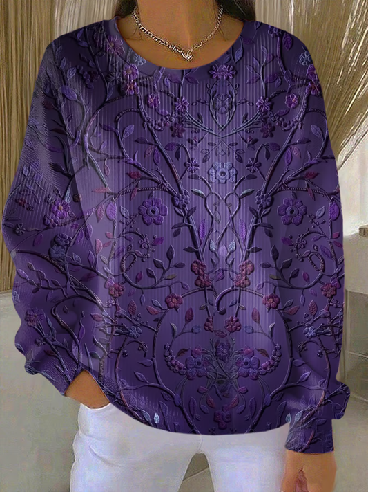 Women's Casual Purple Floral Texture Thickened Sweatshirt gracestitchs