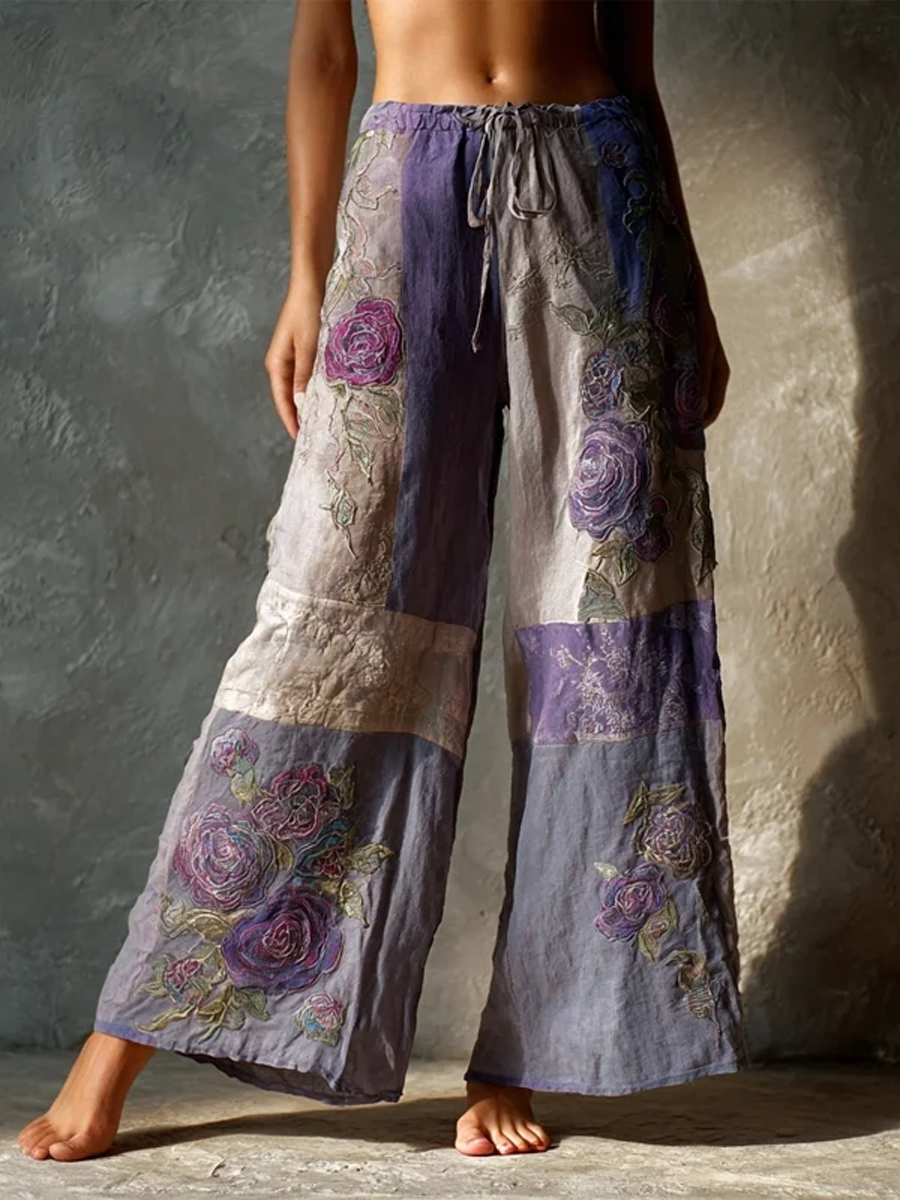 Women's Vintage Purple Roses  Patchwork Pants gracestitchs