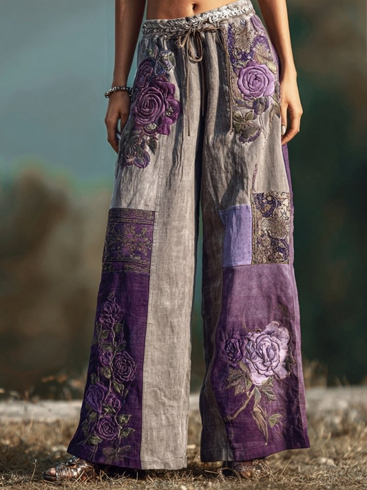 Women's Vintage Purple Roses  Patchwork Pants gracestitchs