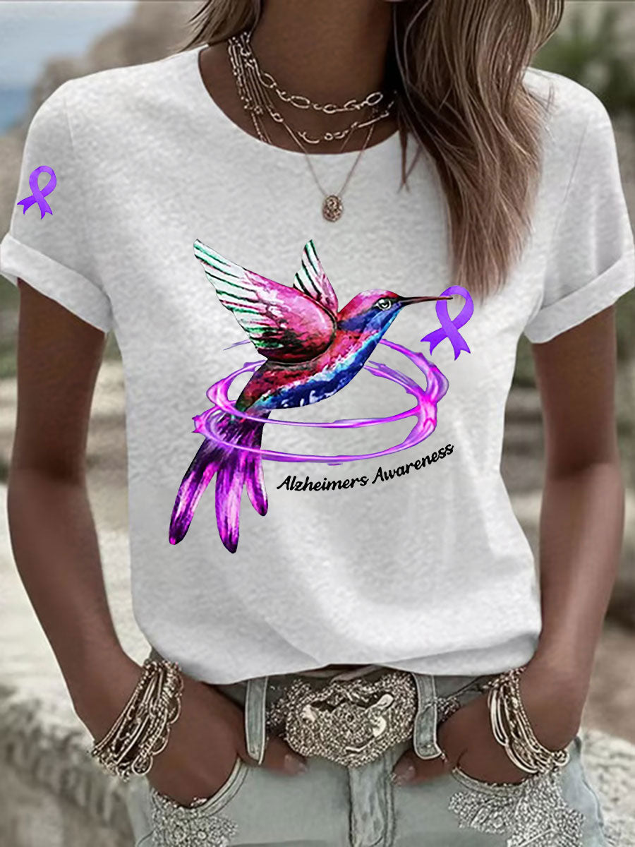Women's Alzheimer's Awareness Purple Ribbon Print Casual T-Shirt gracestitchs
