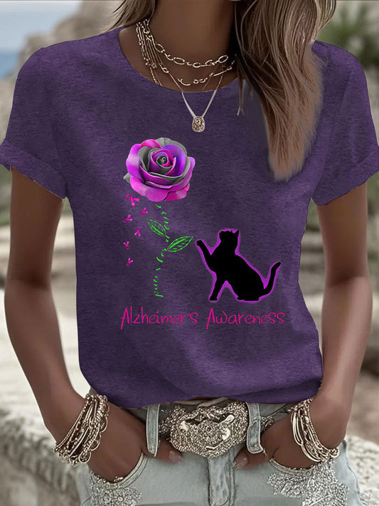 Women's Alzheimer's Awareness Purple Ribbon Print Casual T-Shirt gracestitchs