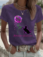 Women's Alzheimer's Awareness Purple Ribbon Print Casual T-Shirt gracestitchs