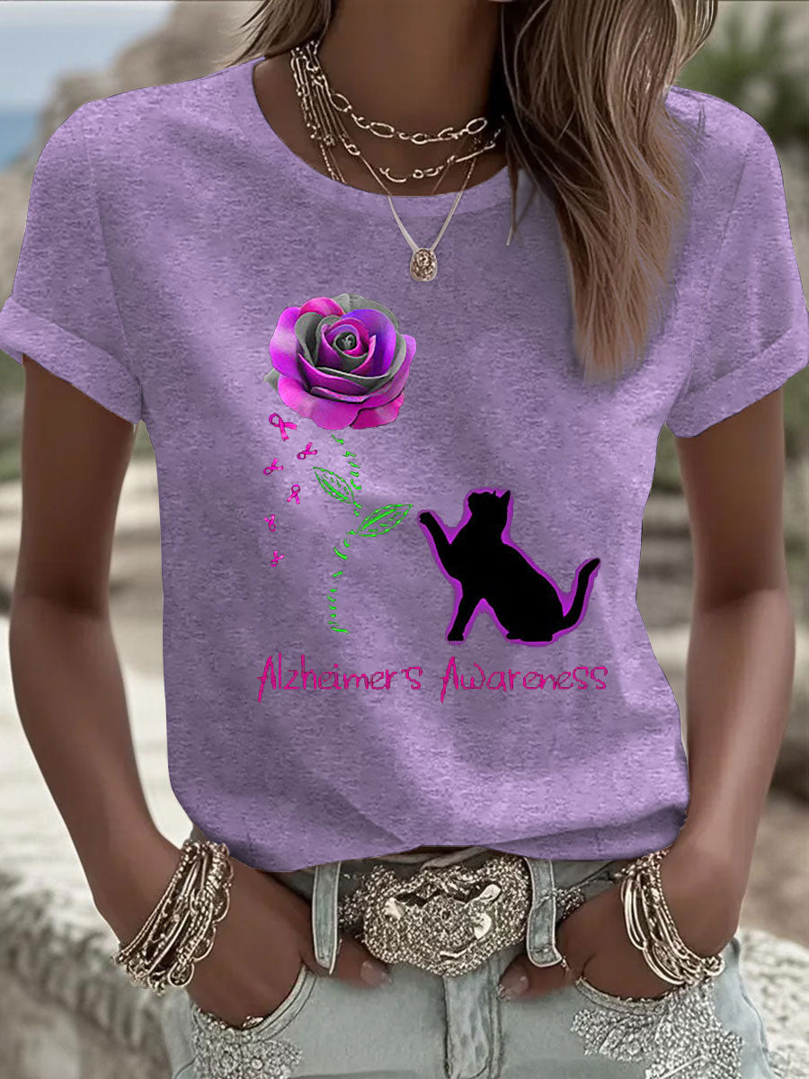 Women's Alzheimer's Awareness Purple Ribbon Print Casual T-Shirt gracestitchs
