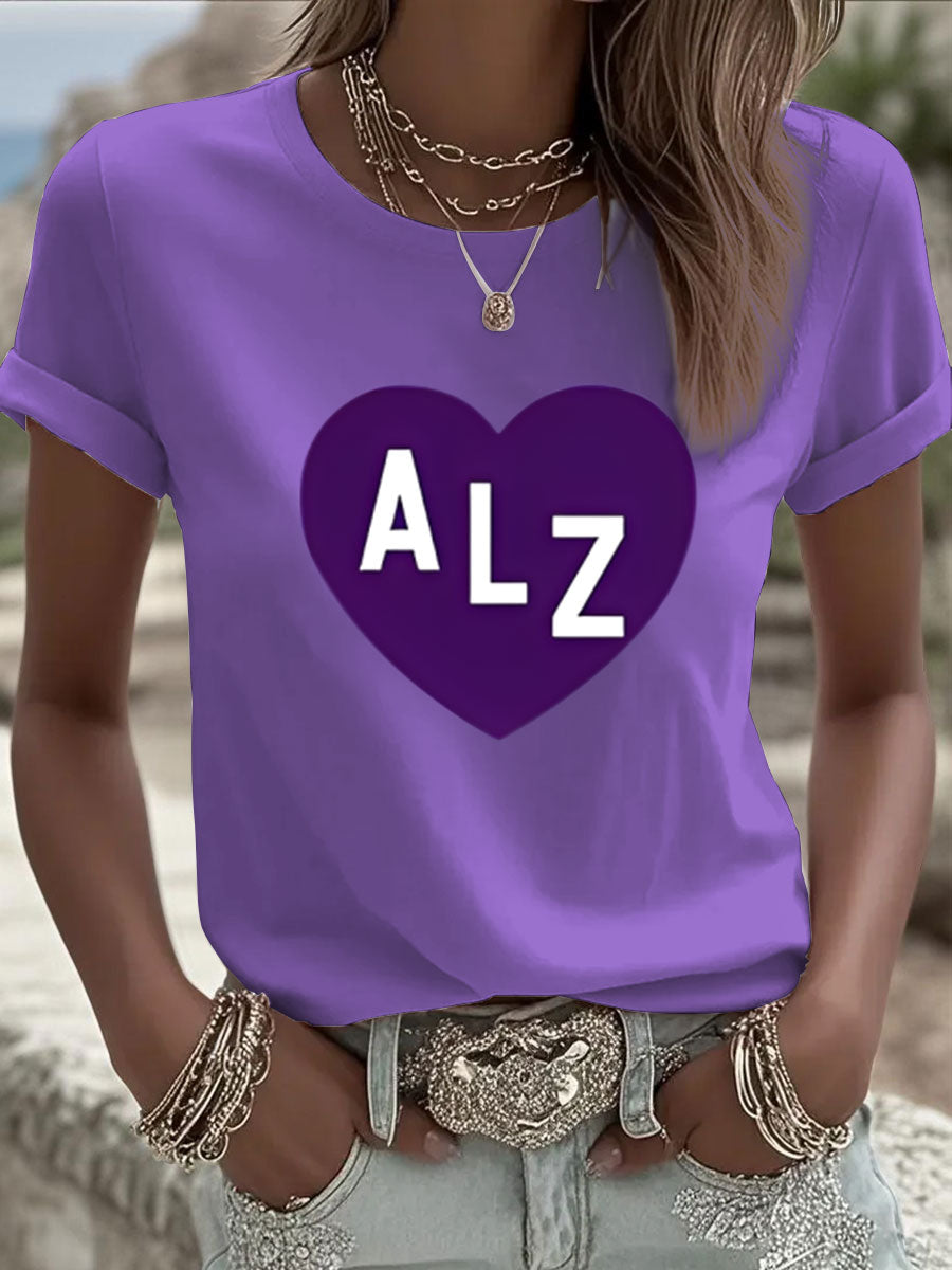 Women's Alzheimer's Awareness Heart Print Casual T-shirt gracestitchs