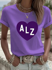 Women's Alzheimer's Awareness Heart Print Casual T-shirt gracestitchs