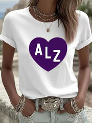 Women's Alzheimer's Awareness Heart Print Casual T-shirt gracestitchs