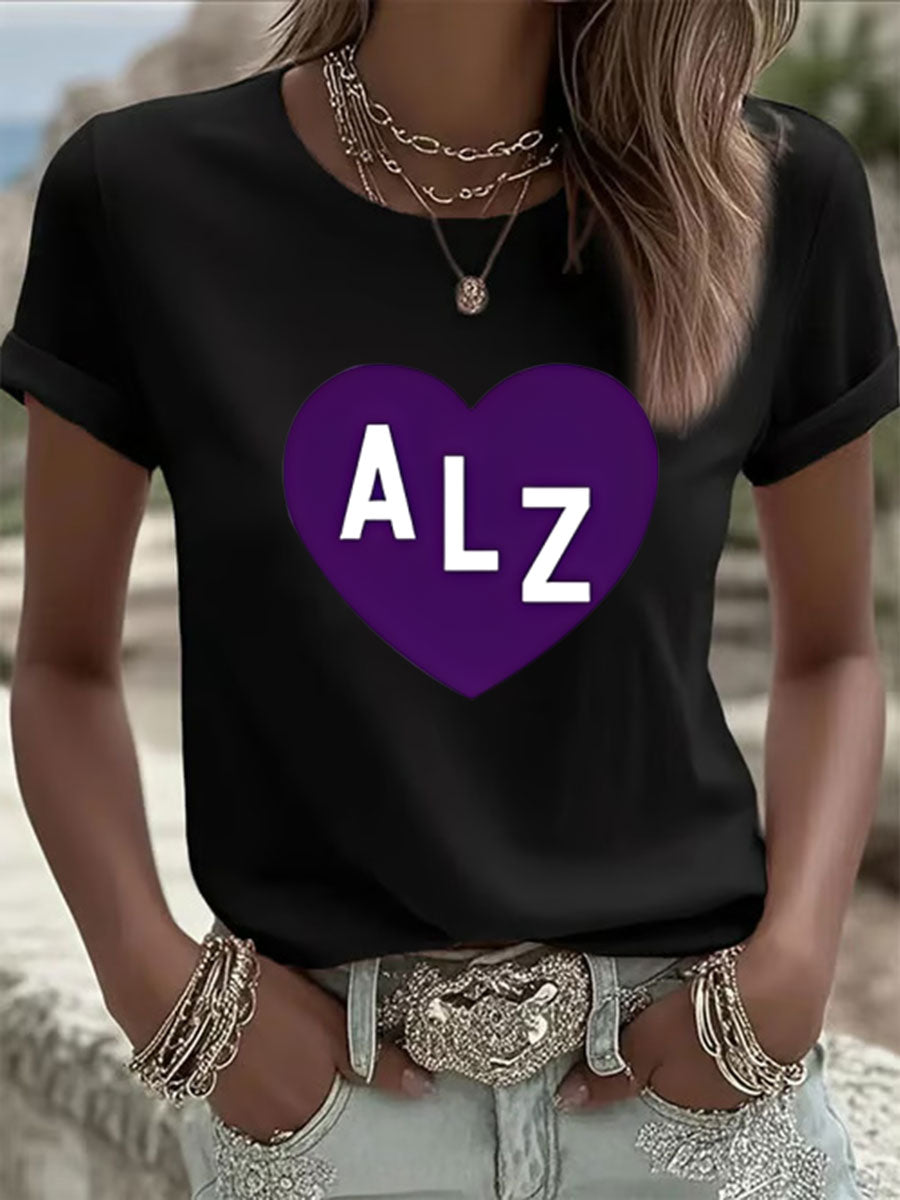 Women's Alzheimer's Awareness Heart Print Casual T-shirt gracestitchs