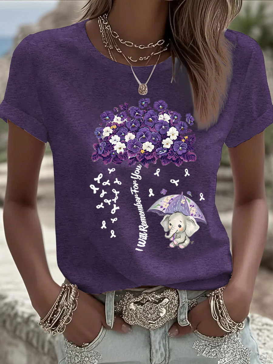 Women's Alzheimer's Awareness Purple Floral Print Casual T-Shirt gracestitchs