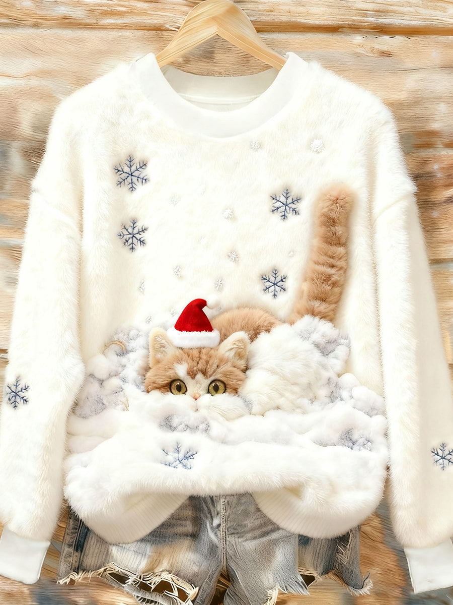 Women's Cute Christmas Cat Art Print Casual Flannel Sweatshirt gracestitchs